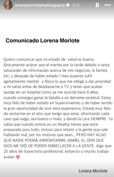 Lorena Morlote emite un comunicado para aclarar las secuelas que sufre tras Supervivientes 2024 (Instagram).