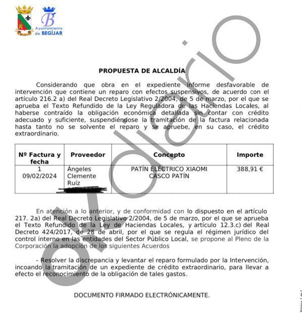 Documento que acredita el pago del Ayuntamiento de Begíjar por el patinete.