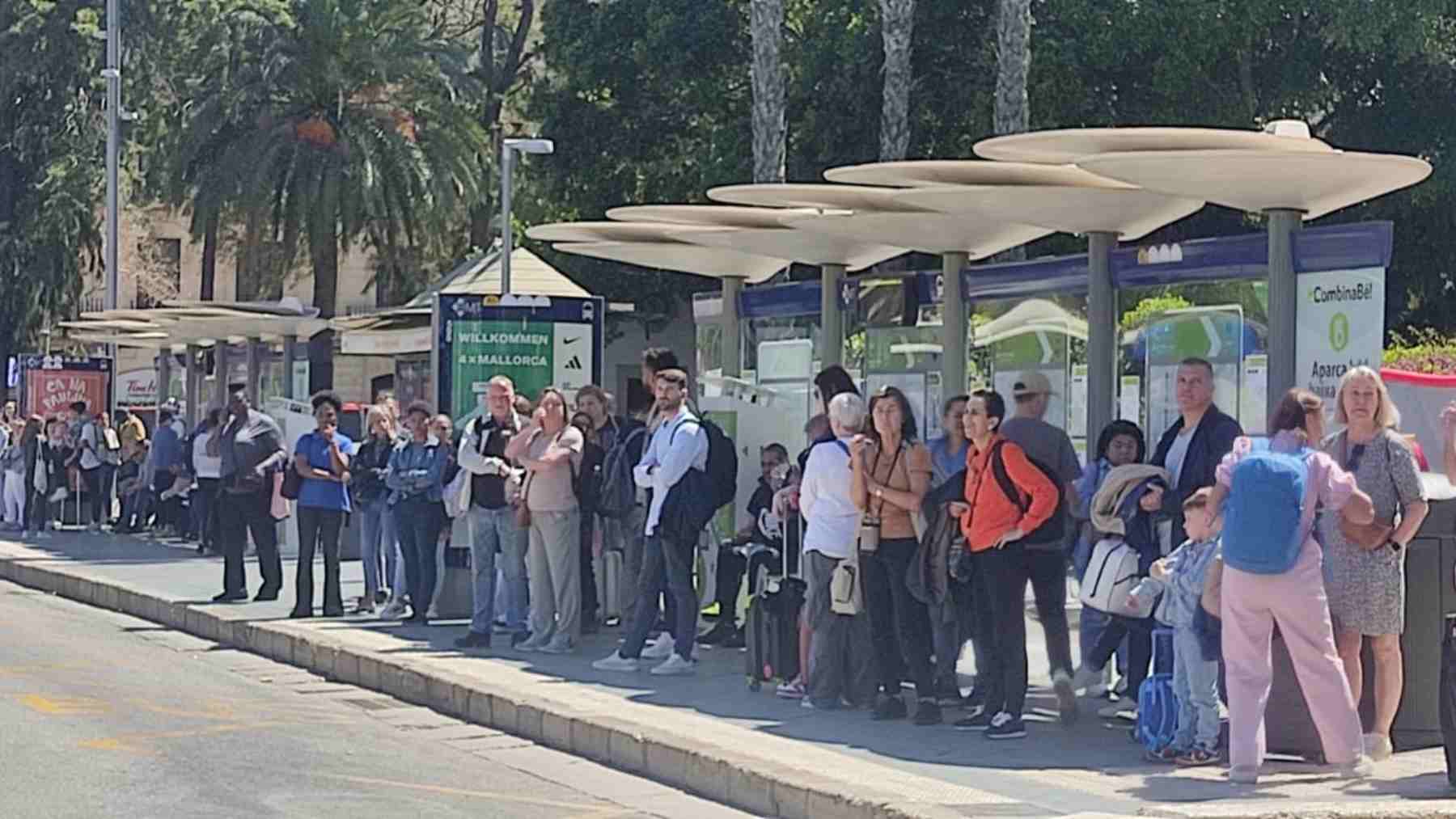 Usuarios de la EMT de Palma en la parada de la Plaza de España.