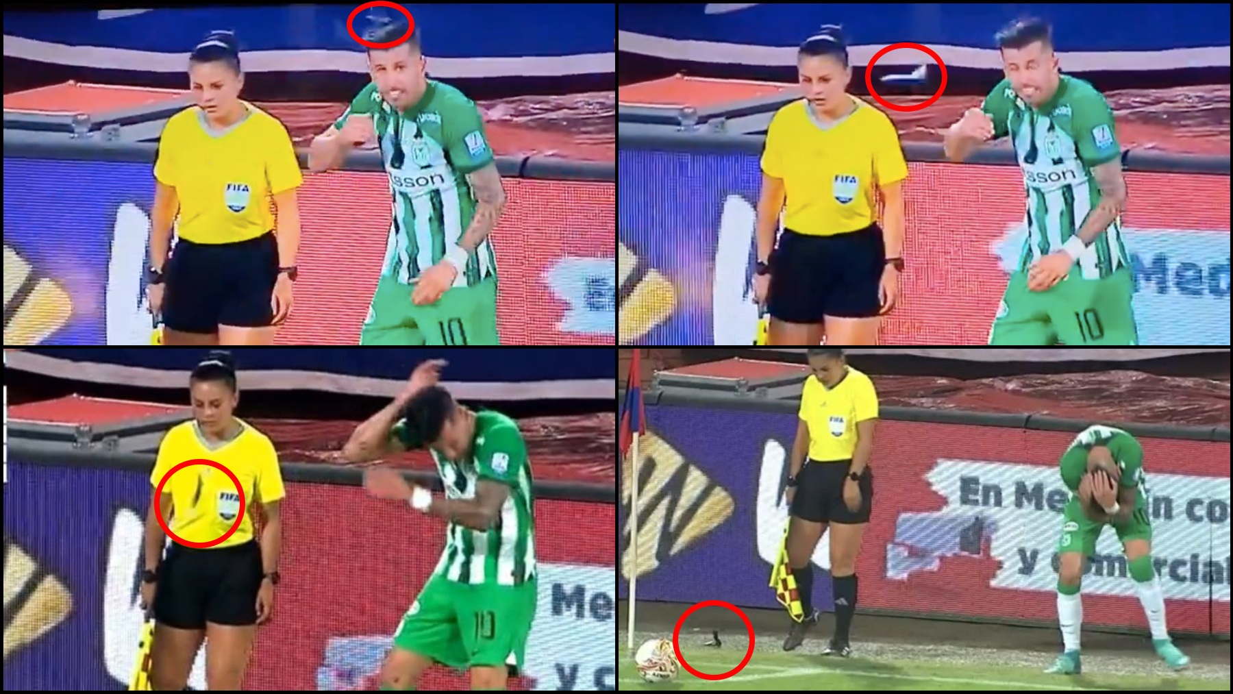 Secuencia del impacto de la navaja en la cabeza del jugador de Atlético Nacional. (Win Sports)