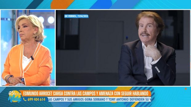 Carmen Borrego escucha las declaraciones de Bigote Arrocet para De Viernes. (Mediaset)