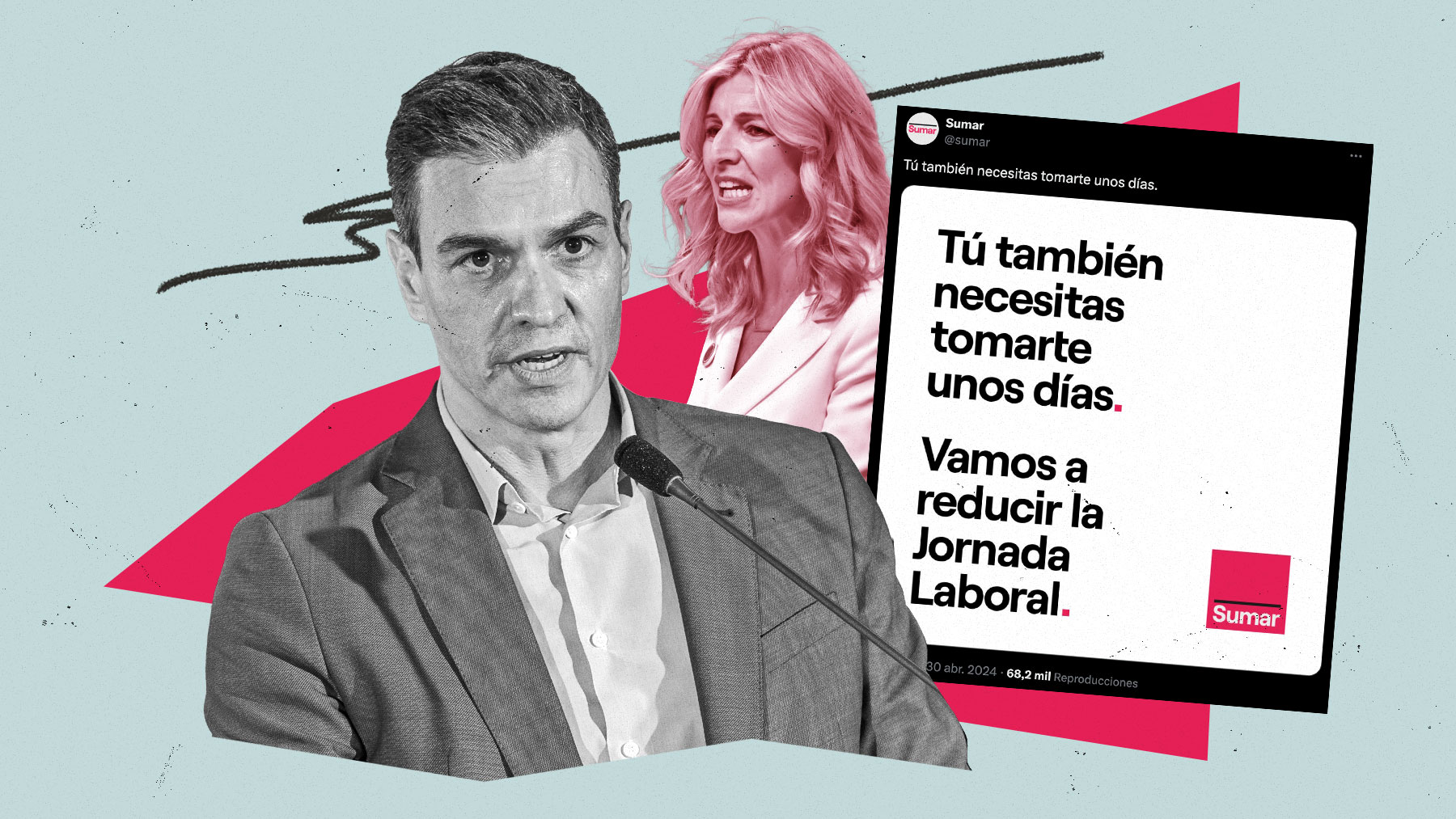 Pedro Sánchez y Yolanda Díaz con el tuit de Sumar.