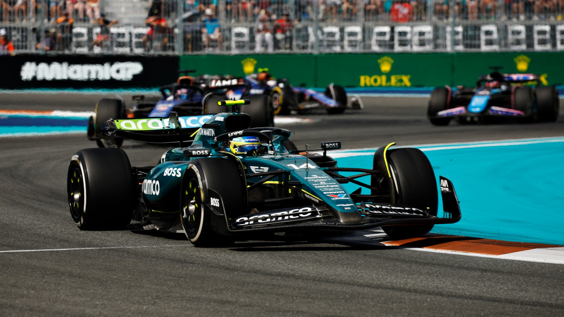 El Aston Martin de Fernando Alonso durante el GP de Miami. (Getty)
