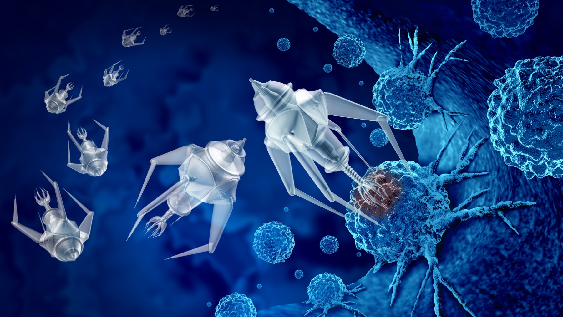 Recreación de un grupo de nanorrobots microscópicos o nanobots programados para matar células cancerosas o enfermedades humanas