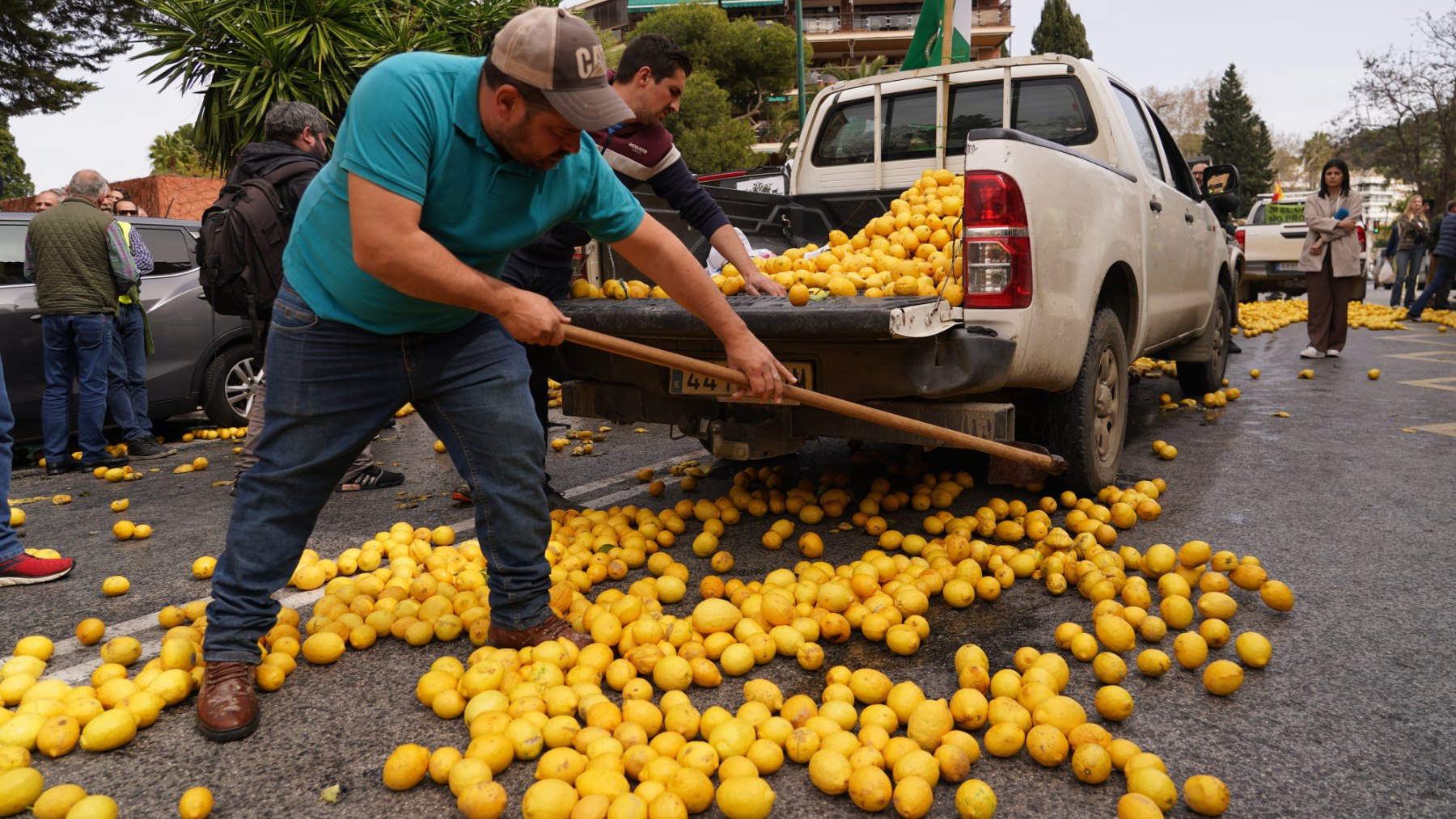 Agricultores arrojan limones en la puerta de la Subdelegación del Gobierno de Málaga, el pasado 13 de marzo (Foto: Europa Press)
