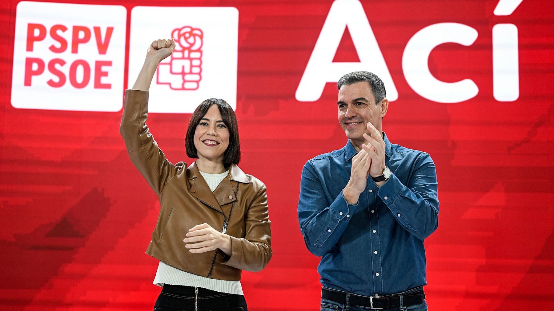 Pedro Sánchez y la ministra Morant, en un acto de partido.