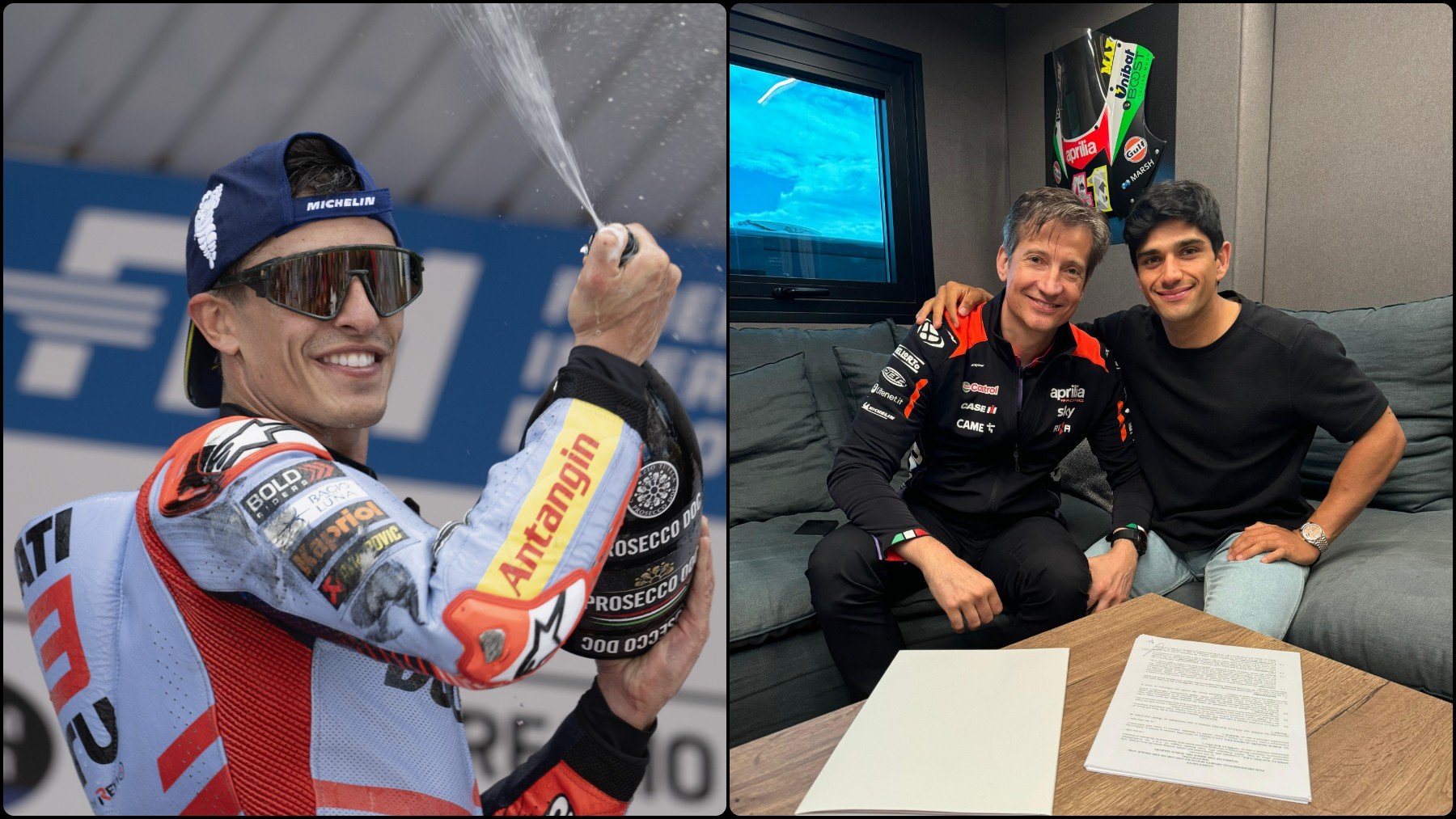 Marc Márquez en el podio de Jerez (izquierda) y Jorge Martín con Massimo Rivola (derecha) tras firmar el contrato con Aprilia. (Aprilia Racing)