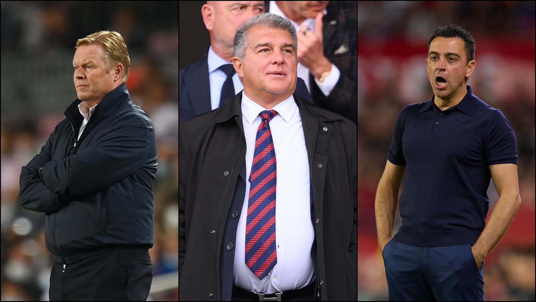 Joan Laporta, Ronald Koeman y Xavi Hernández. (Getty)