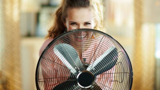 Foto de una mujer que sonríe y se coloca detrás de un ventilador.
