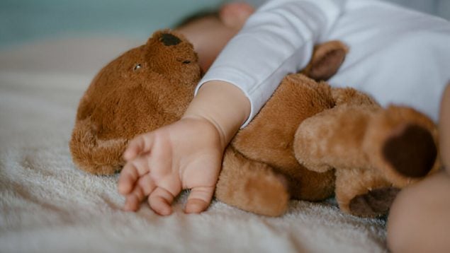 Foto de un bebé que está abrazando a su peluche mientras duerme.