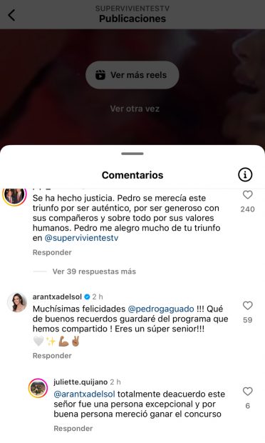 Arantxa del Sol comenta en Instagram sobre la victoria de Pedro García Aguado.