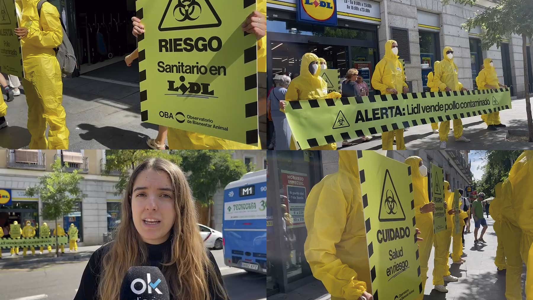 Acción del Observatorio de Bienestar Animal en Madrid alertando de la venta de pollo contaminado de los supermercados Lidl
