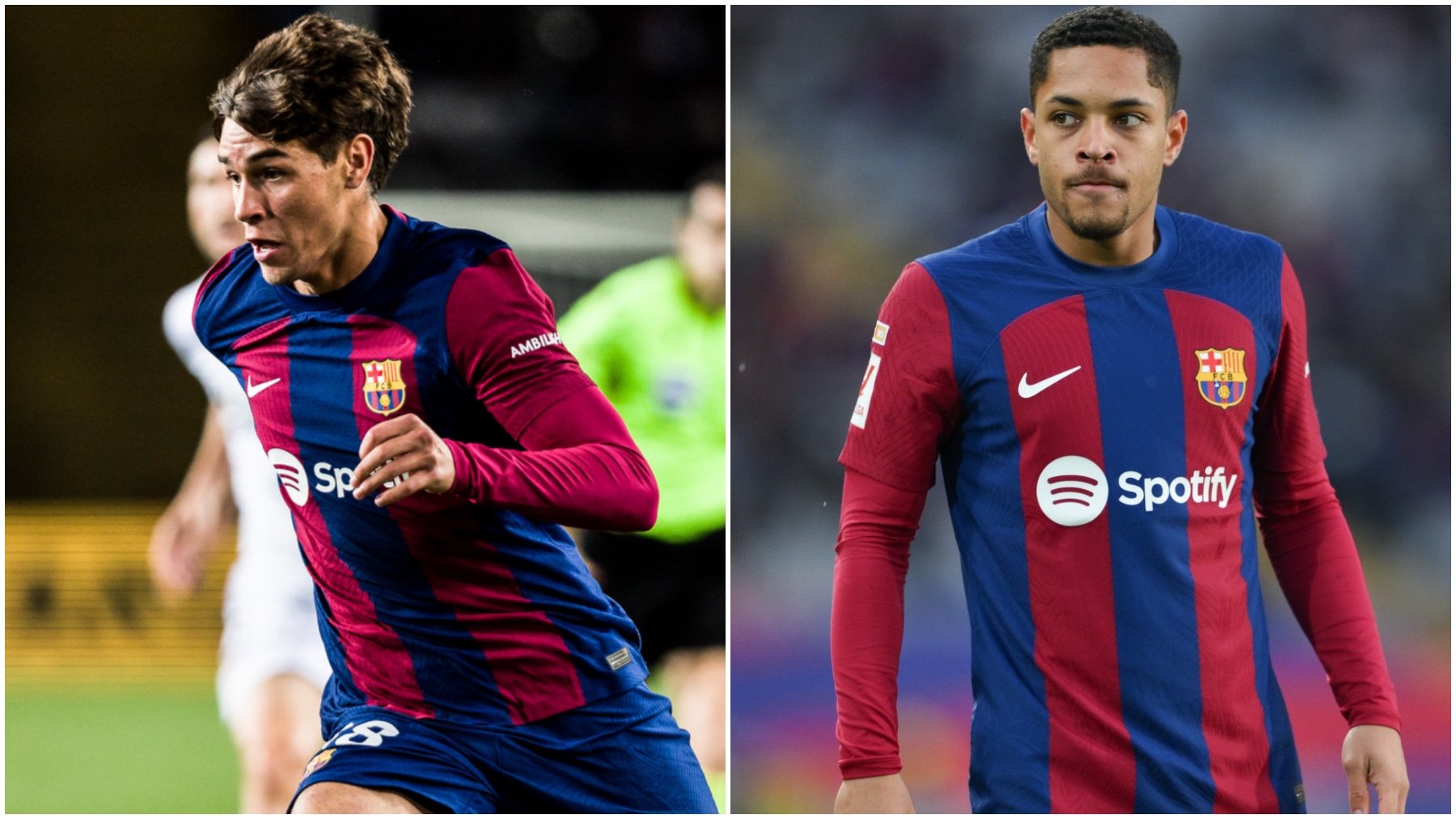 Marc Guiu y Vitor Roque, con la camiseta del Barcelona.