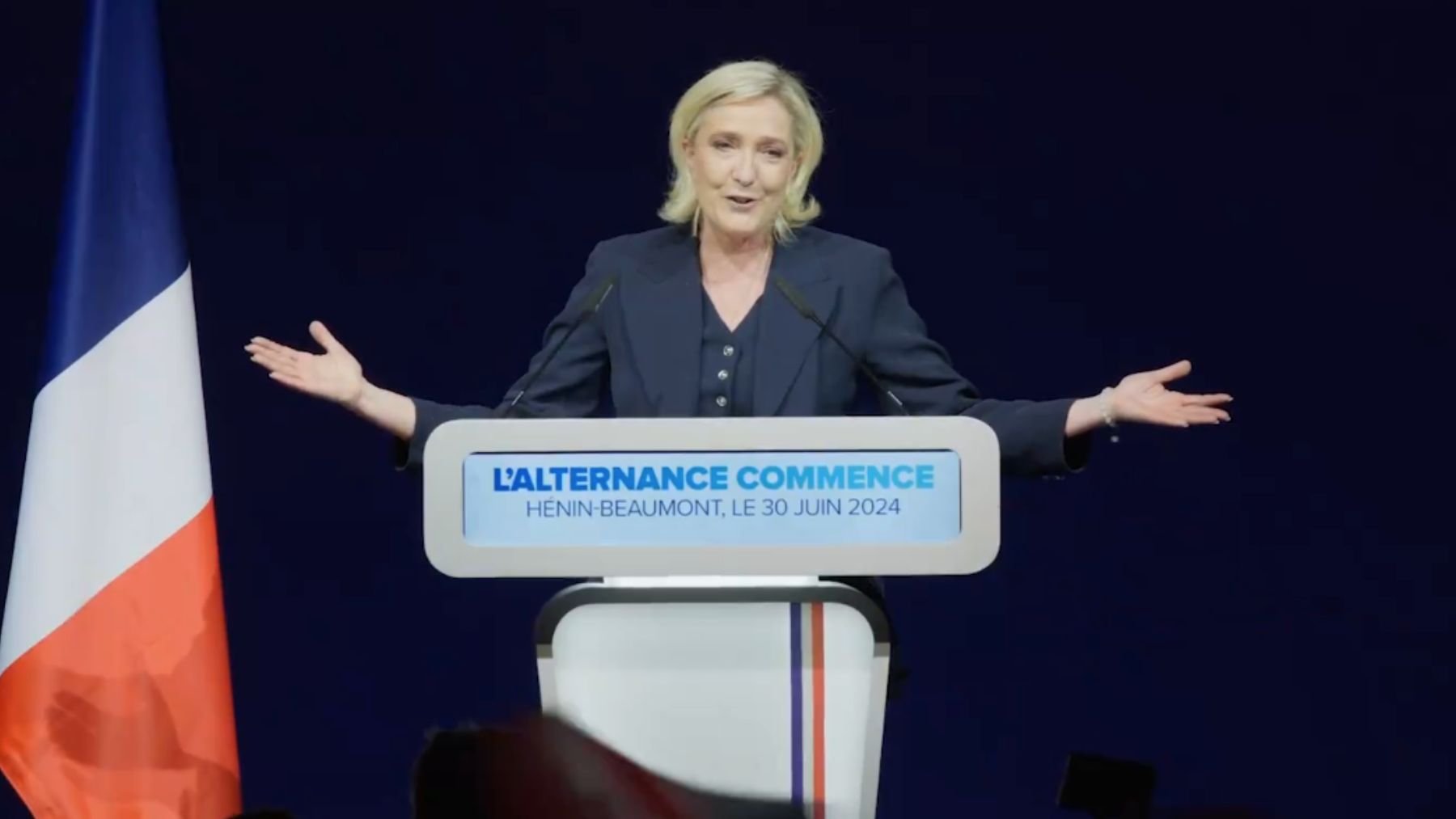 Marine Le Pen tras ganar la primer vuelta de las legislativas en Francia.