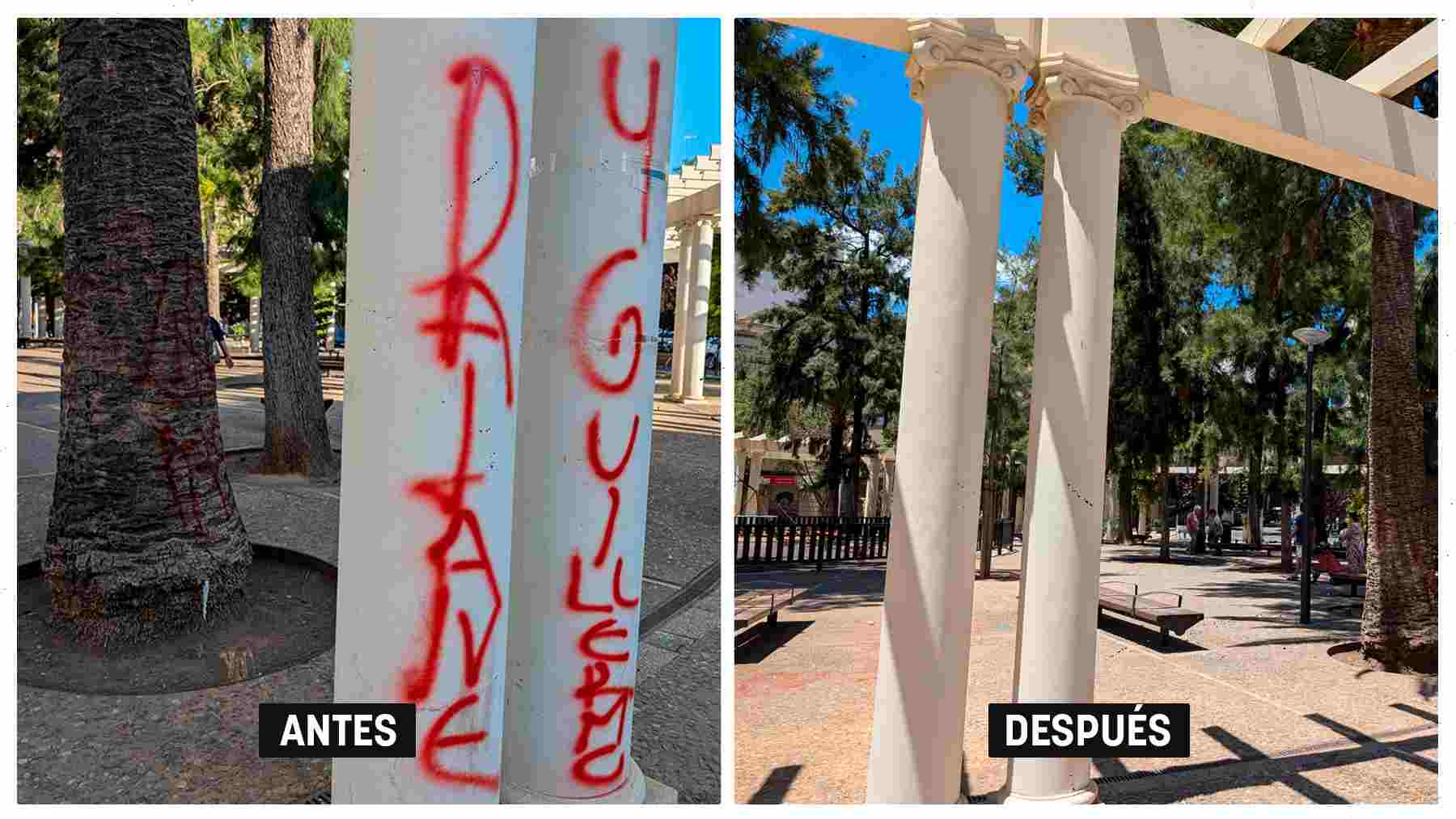 La Plaza de las Columnas, antes y después de la limpieza de las pinturas vandálicas.