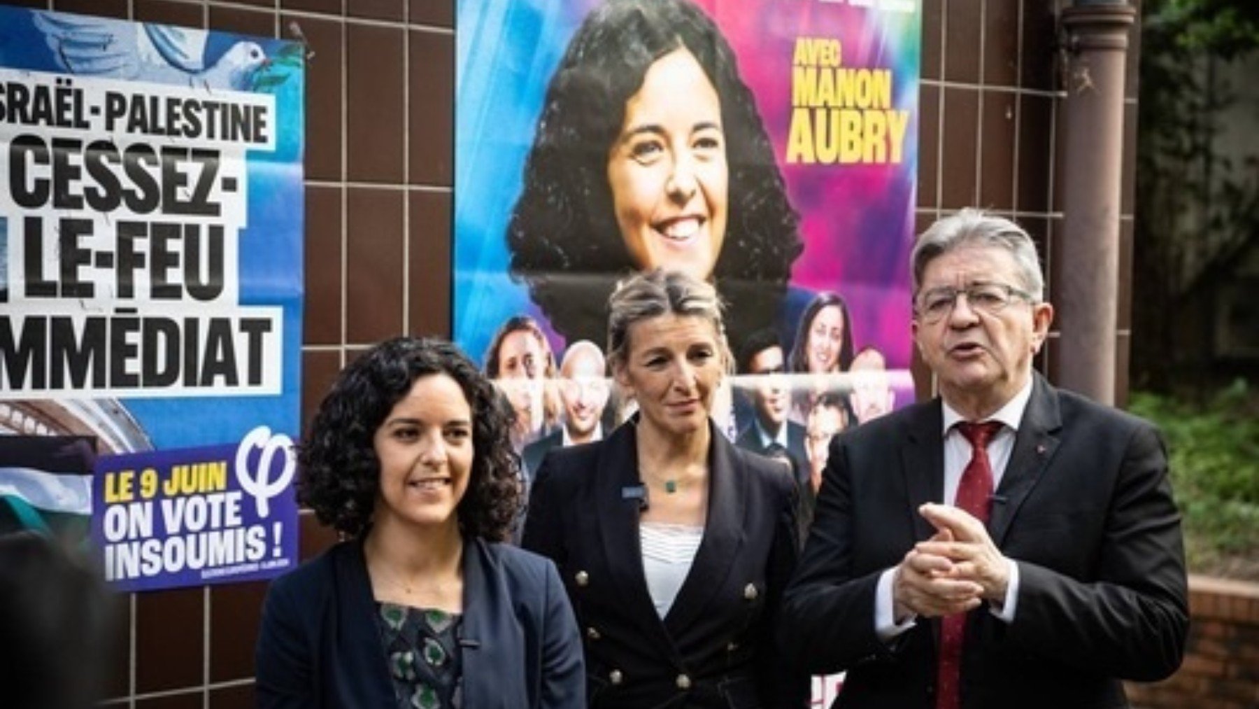 Yolanda Díaz, Jean-Luc Mélénchon y Manon Aubry. (Foto: Europa Press)
