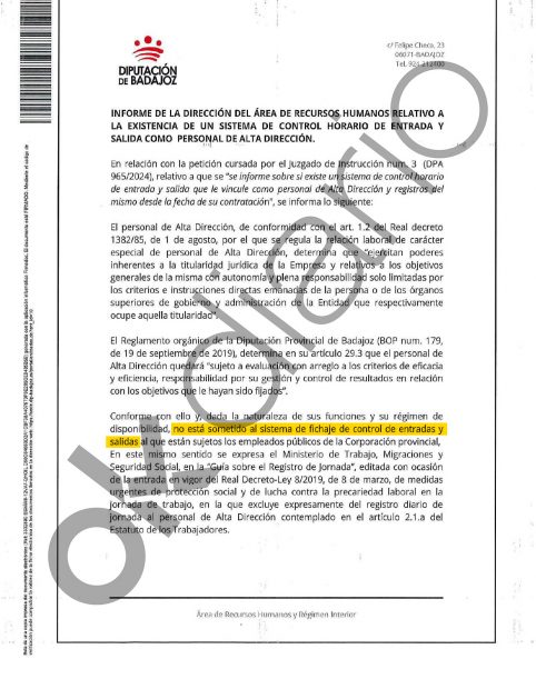 Este es el documento que ha enviado al juez la Diputación de Badajoz, en el que se explica que el hermano de Sánchez no ficha el control de entrada y salida de jornada, obligatoria para todos los empleados.