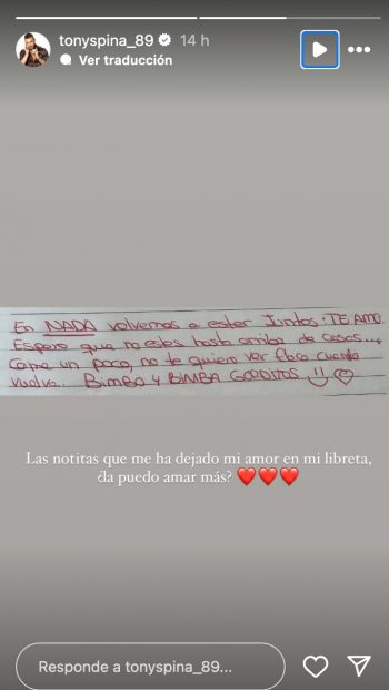 La nota que Marta Peñate, concursante de 'Supervivientes All stars', le ha dejado a Toni Spina. (Instagram)