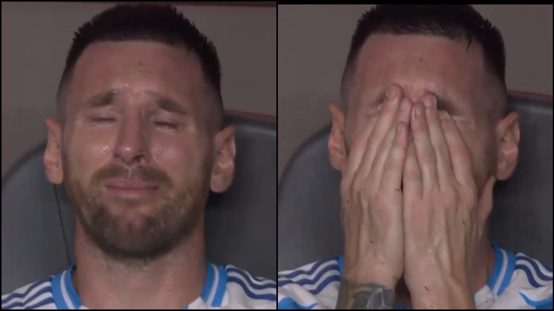 Leo Messi, llorando en el banquillo de Argentina. (Movistar)