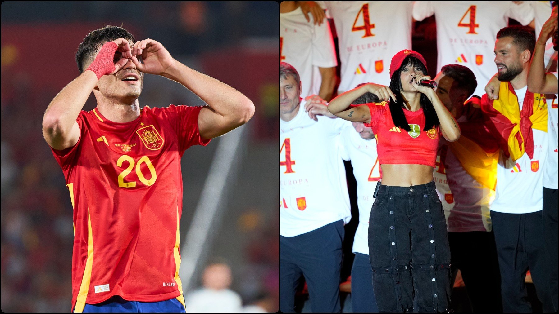 Pedri, durante un partido con la selección española, y Aitana, cantando en la fiesta de los campeones de Europa.