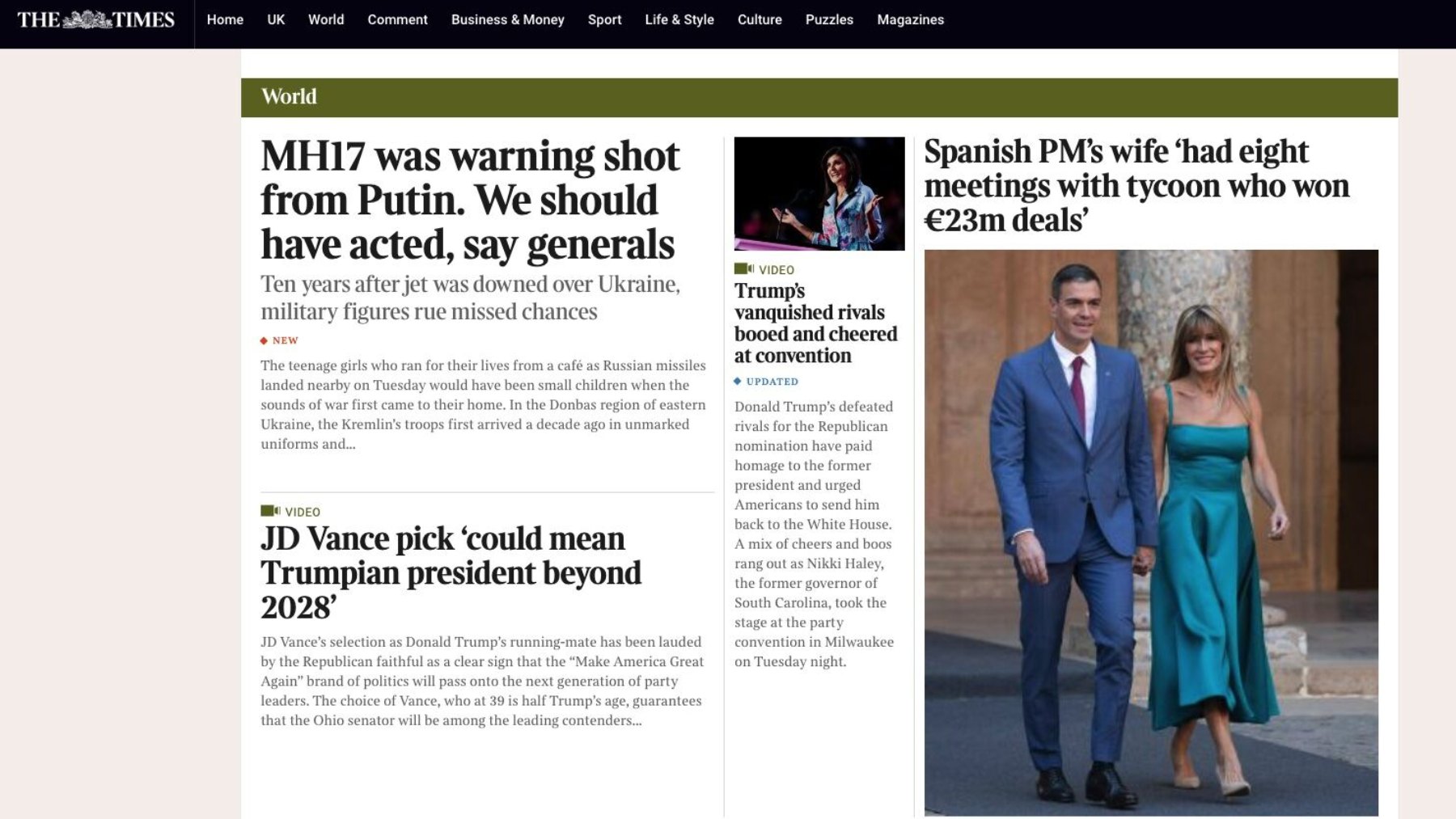 La noticia de ‘The Times’ sobre Sánchez y Begoña Gómez.