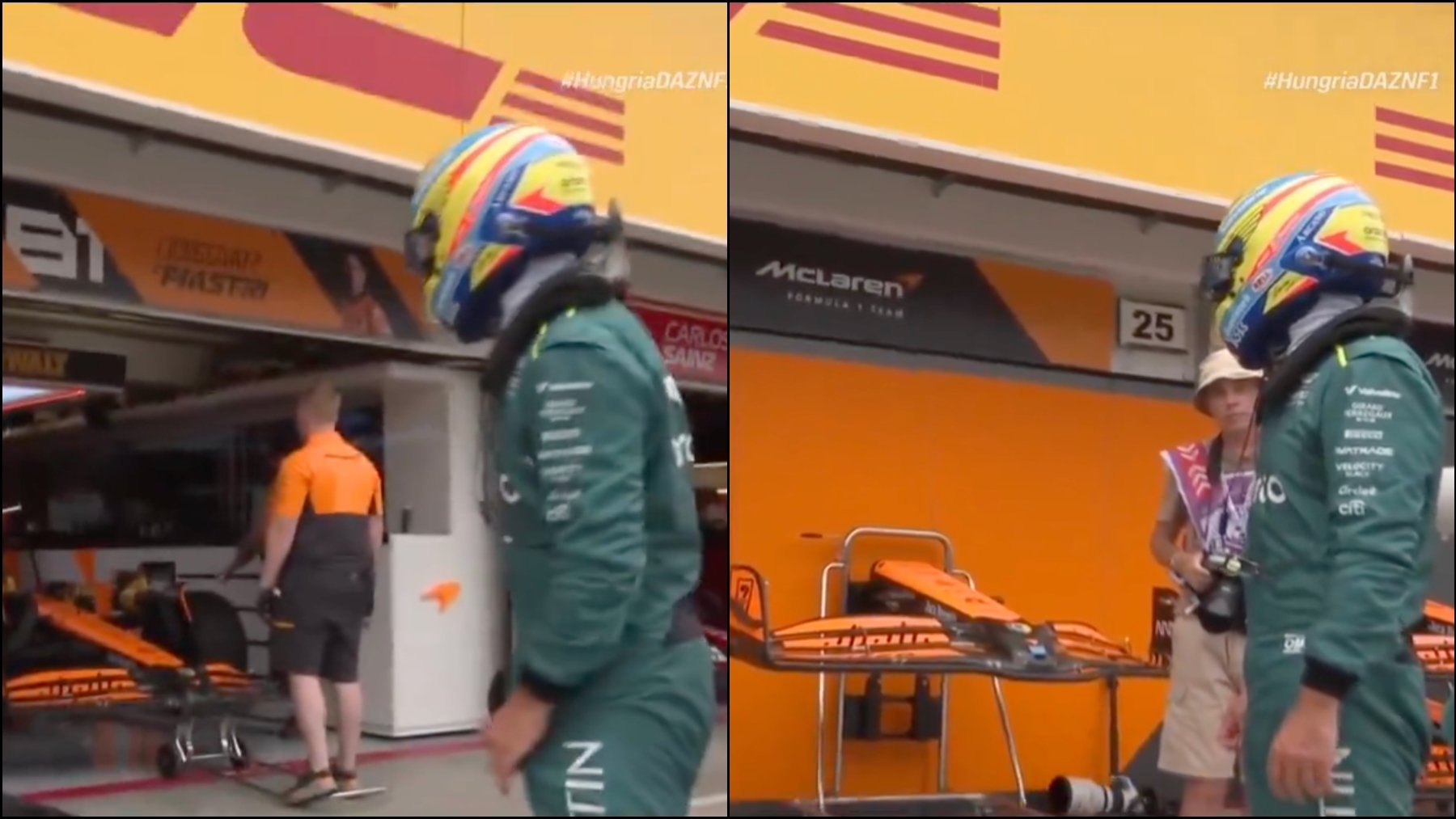Fernando Alonso frente al garaje de McLaren en Hungría.