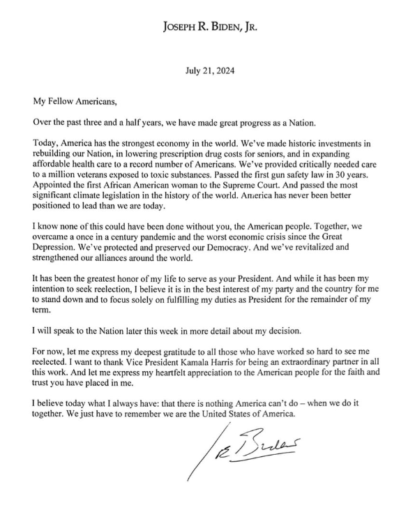 Carta difundida por Joe Biden con el anuncio de su renuncia a la reelección.