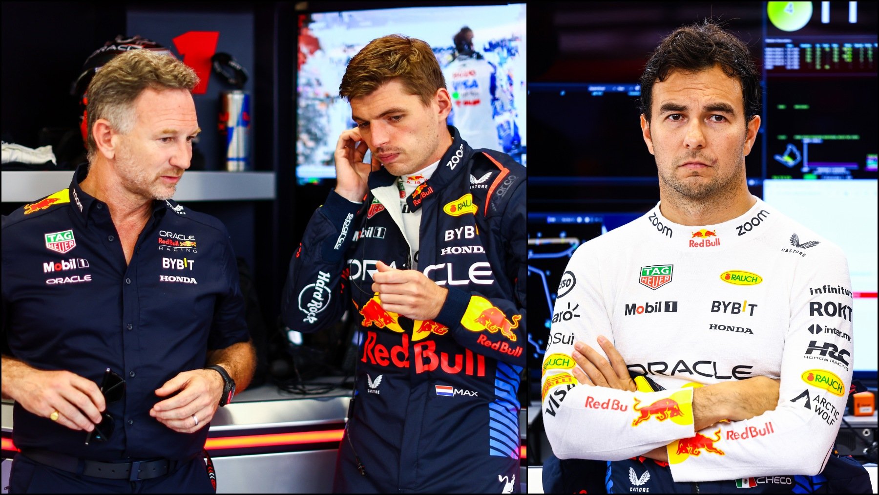 Christian Horner junto a Max Verstappen y Checo Pérez. (Getty)