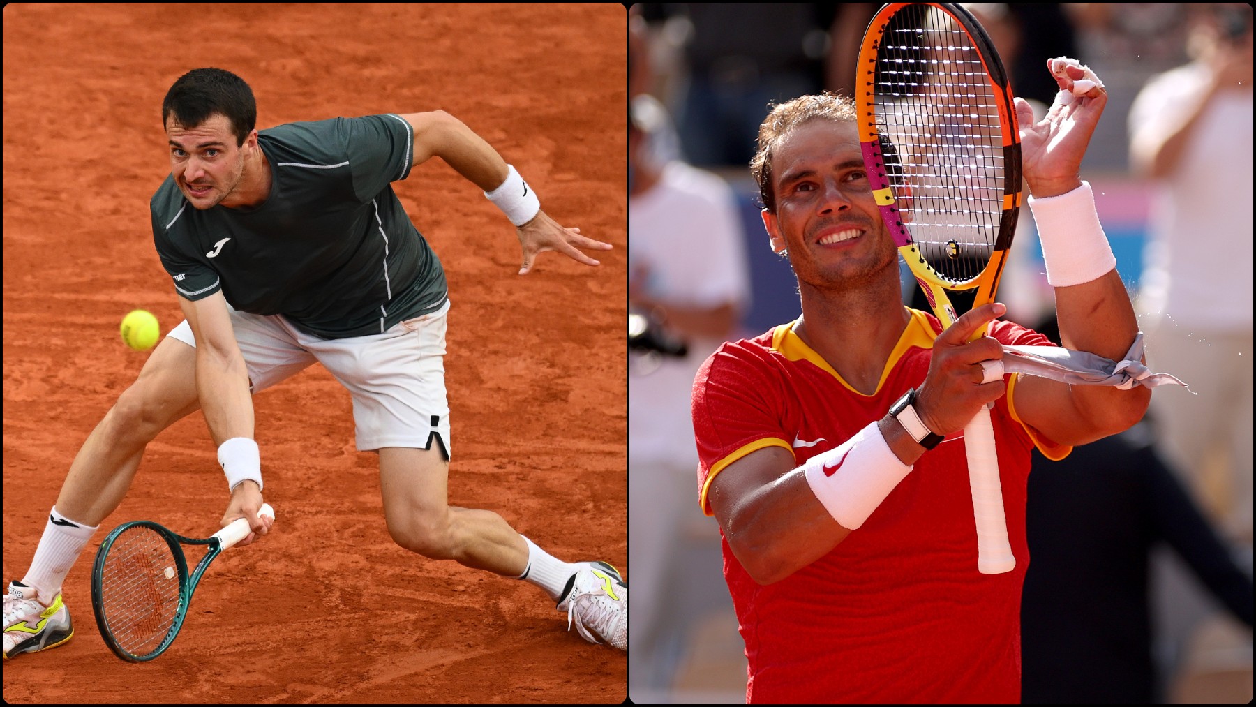 Pedro Martínez, durante un partido en Roland Garros, y Rafa Nadal celebrando la victoria contra Fucsovics.