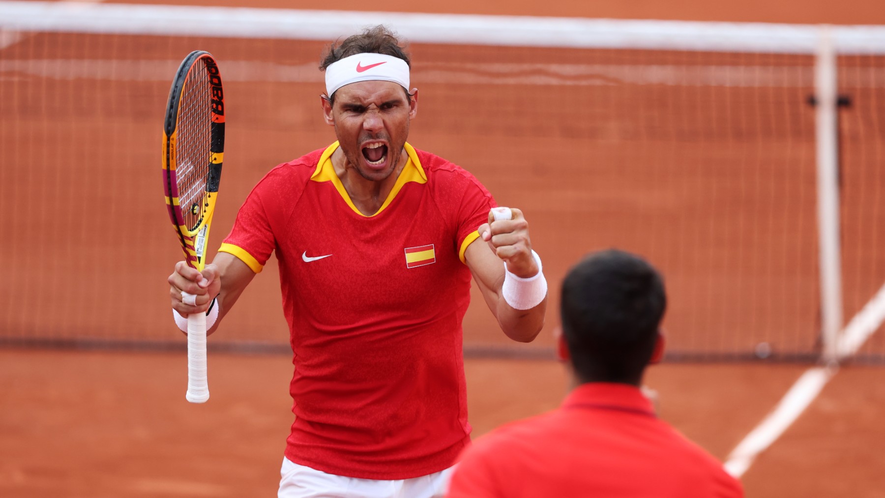 Rafa nadal, durante el dobles con Alcaraz. (Getty)