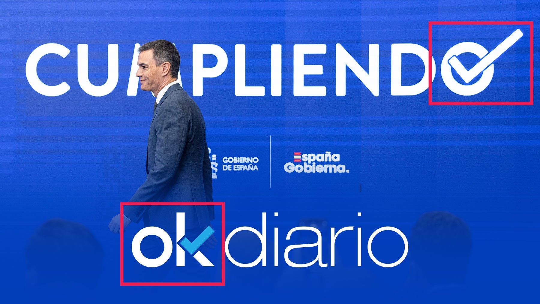 Pedro Sánchez con el logo similar al de OKDIARIO.