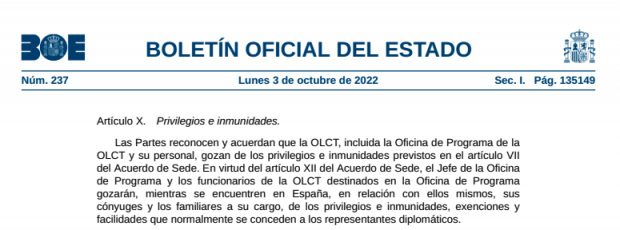 Acuerdo complementario entre el Reino de España y las Naciones Unidas en virtud del Acuerdo entre el Reino de España y las Naciones Unidas sobre el establecimiento de una Oficina de Programa de la Oficina de las Naciones Unidas de Lucha contra el Terrorismo (OLCT) en Madrid, hecho en Nueva York el 22 de septiembre de 2022.