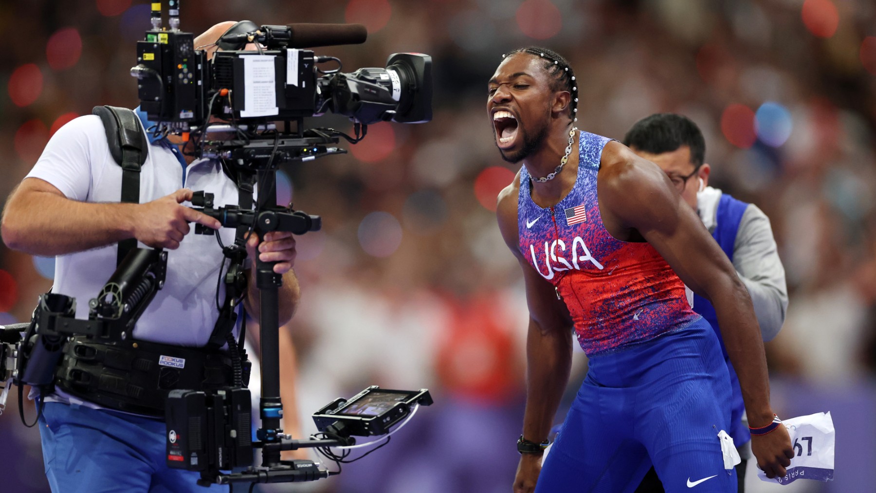 Noah Lyles, tras ganar los 100 metros. (Getty)