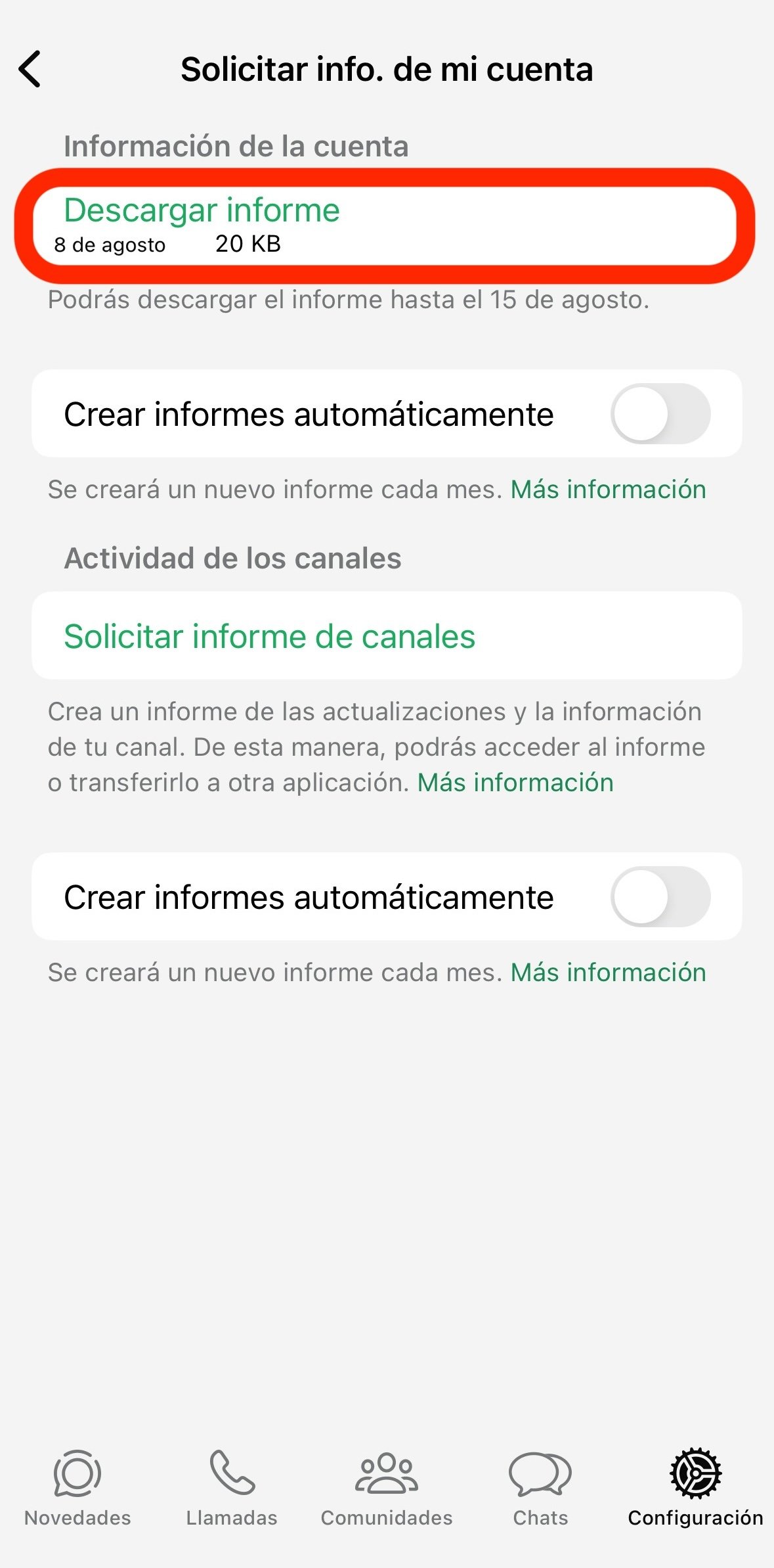 información cuenta WhatsApp