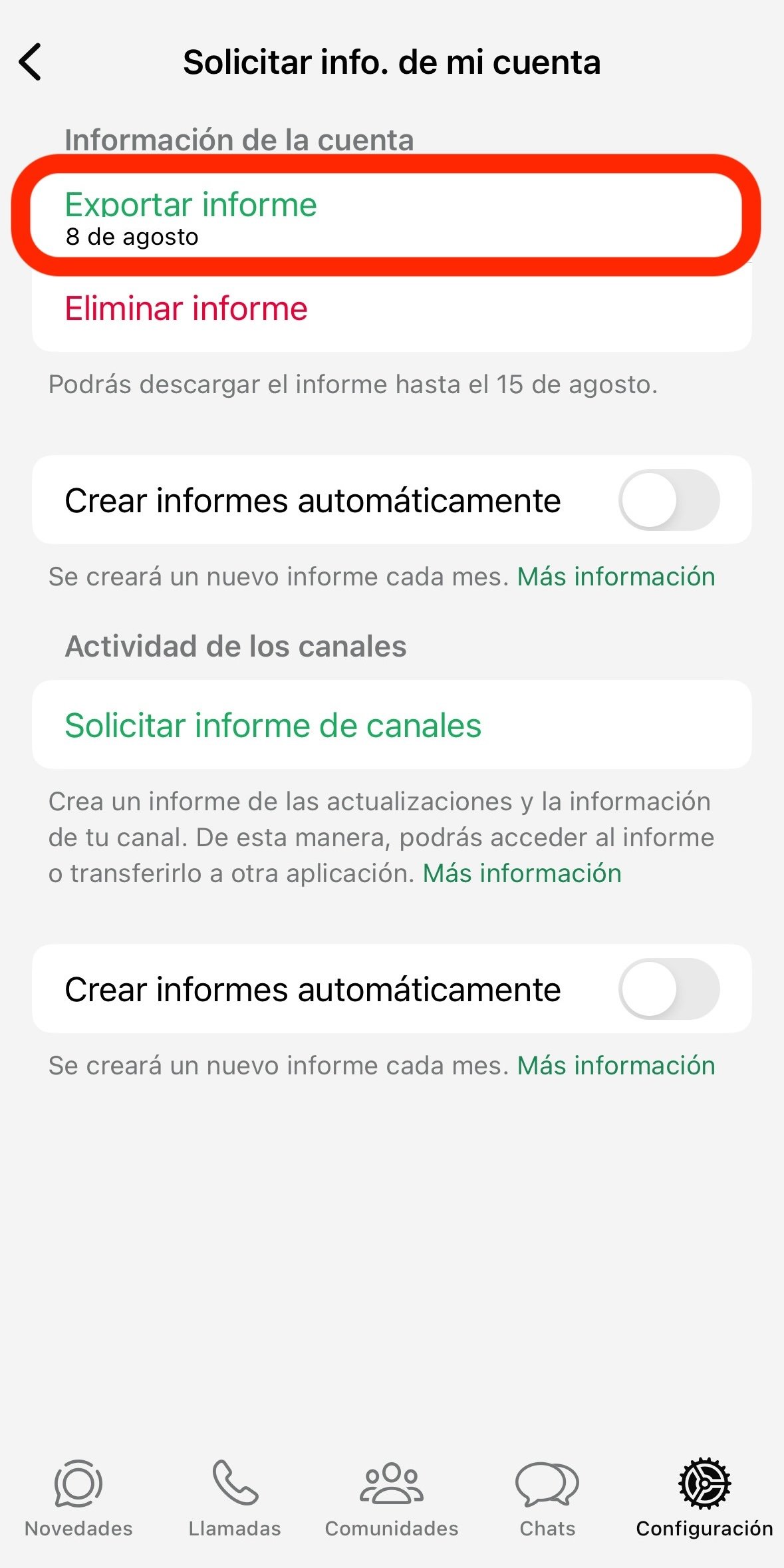 información cuenta WhatsApp