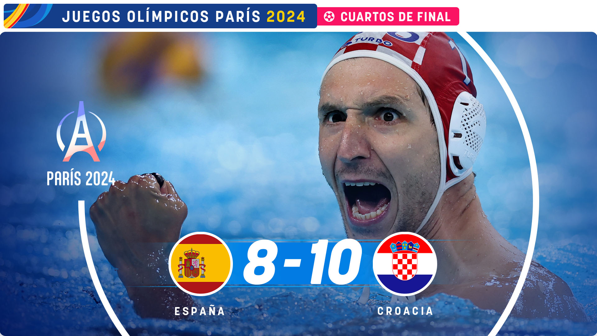 España piede contra Croacia en cuartos de final de waterpolo.