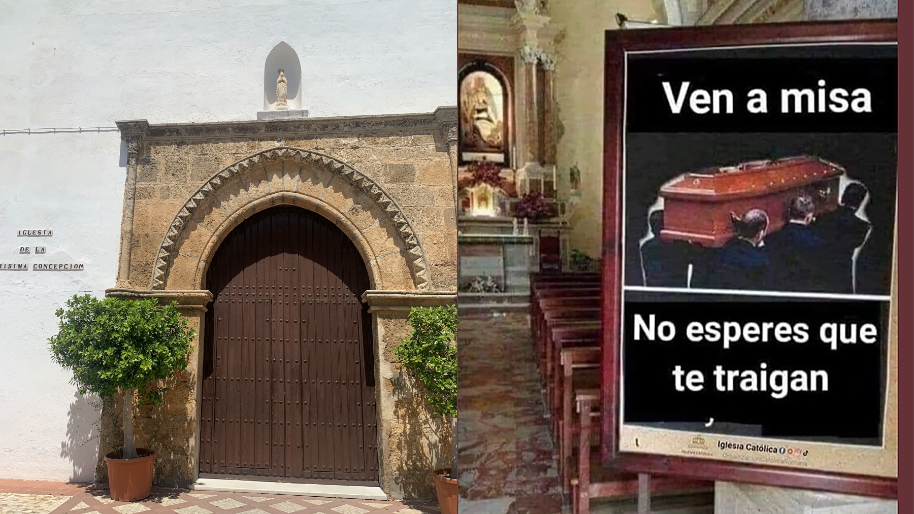 Puerta de la iglesia parroquial de Gerena, junto a la imagen publicada en Facebook. (Foto: EFE)