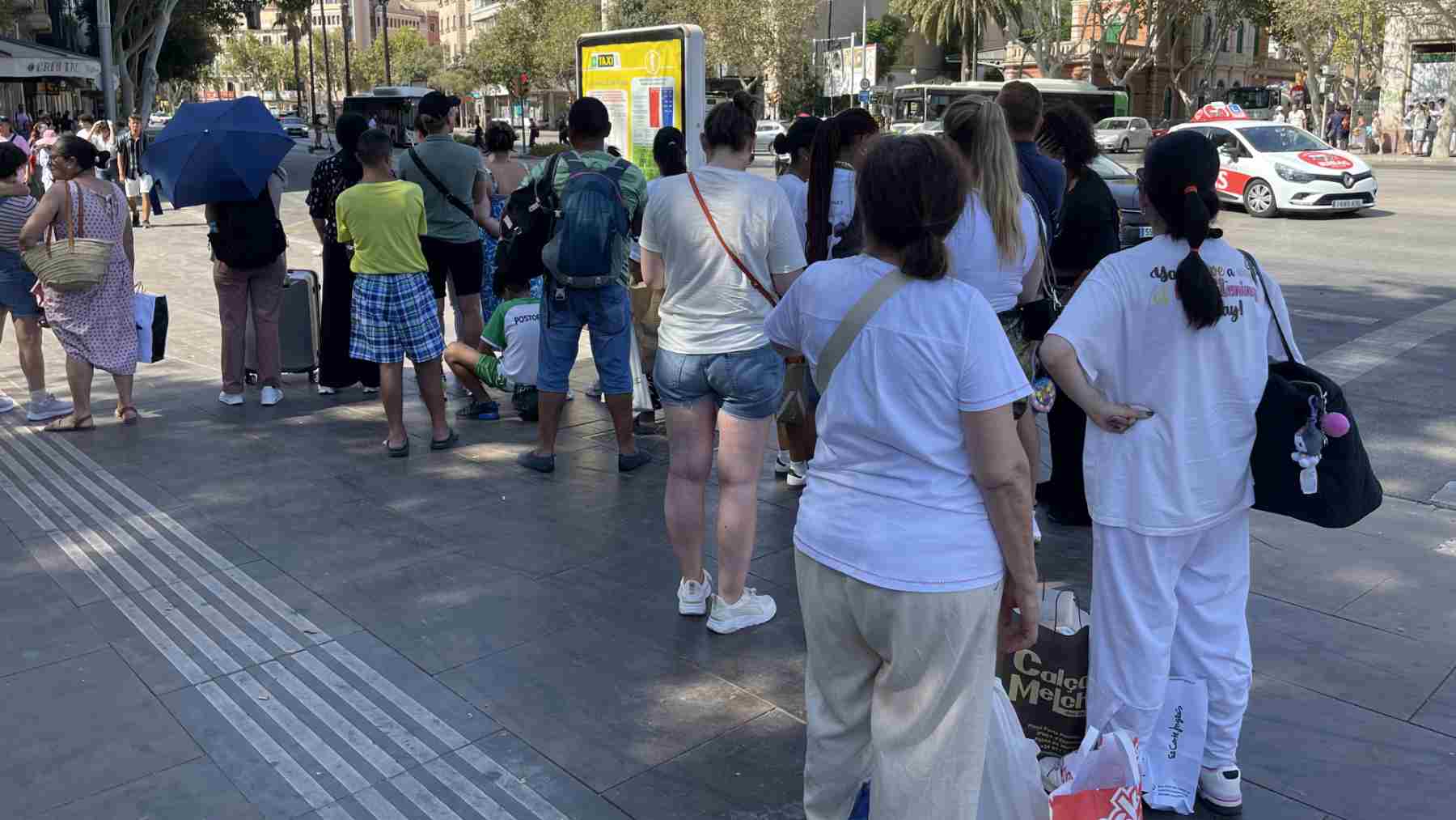 Cola de usuarios del servicio del taxi en la parada de la Plaza de España de Palma.