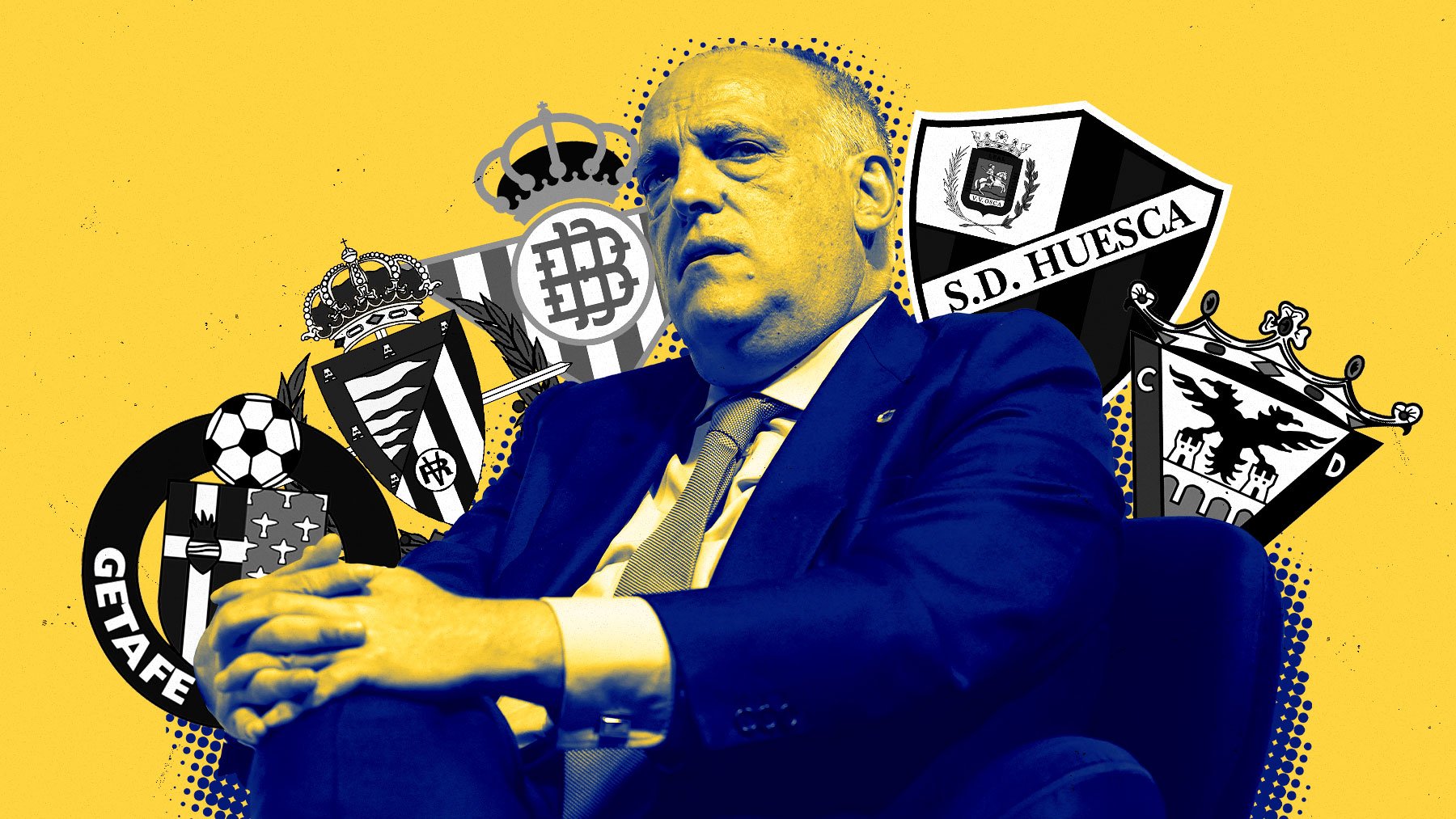 Javier Tebas y los escudos de Getafe, Valladolid, Betis, Huesca y Mirandés.