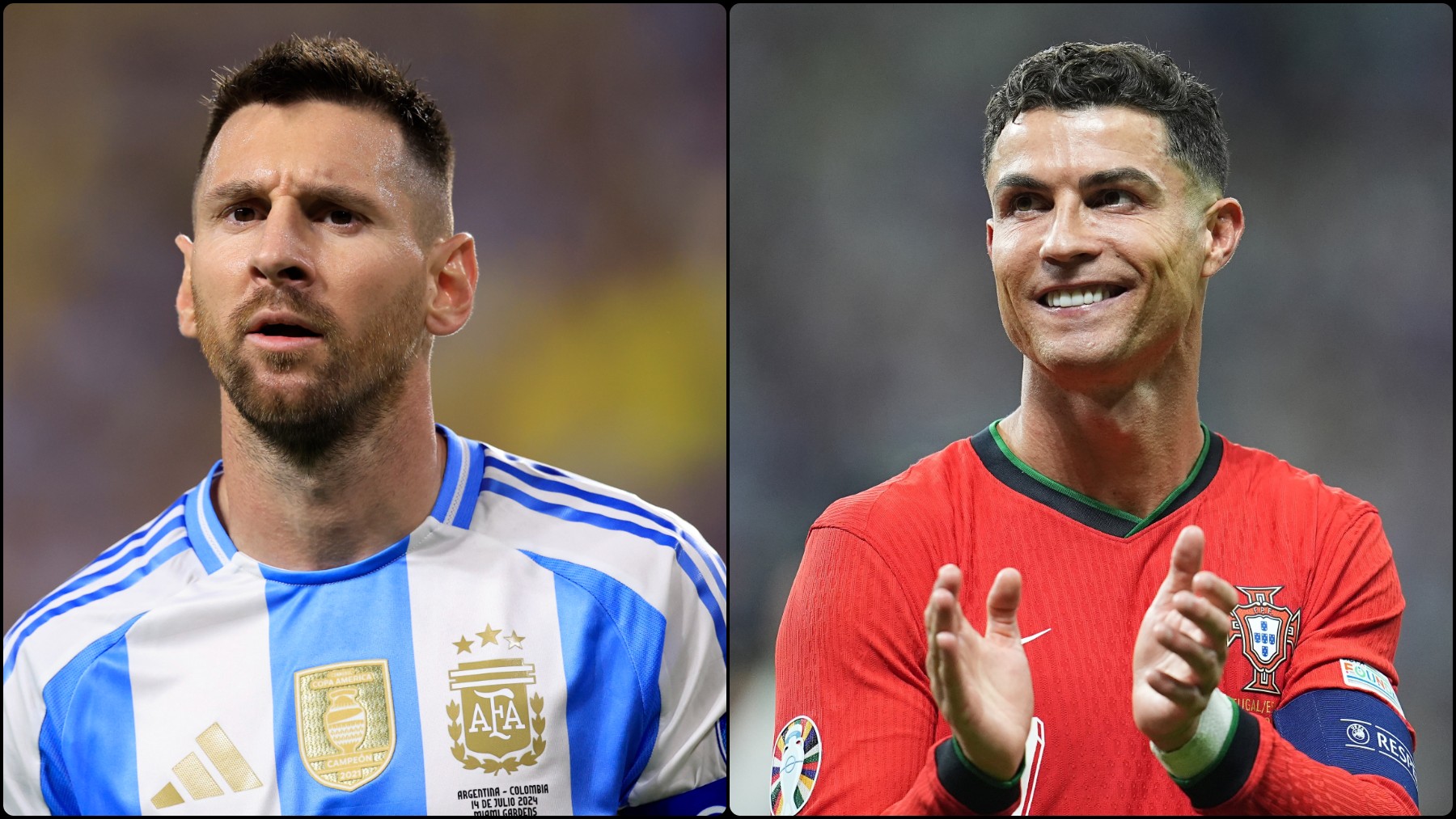 Leo Messi y Cristiano Ronaldo durante un partido con Argentina y Portugal.