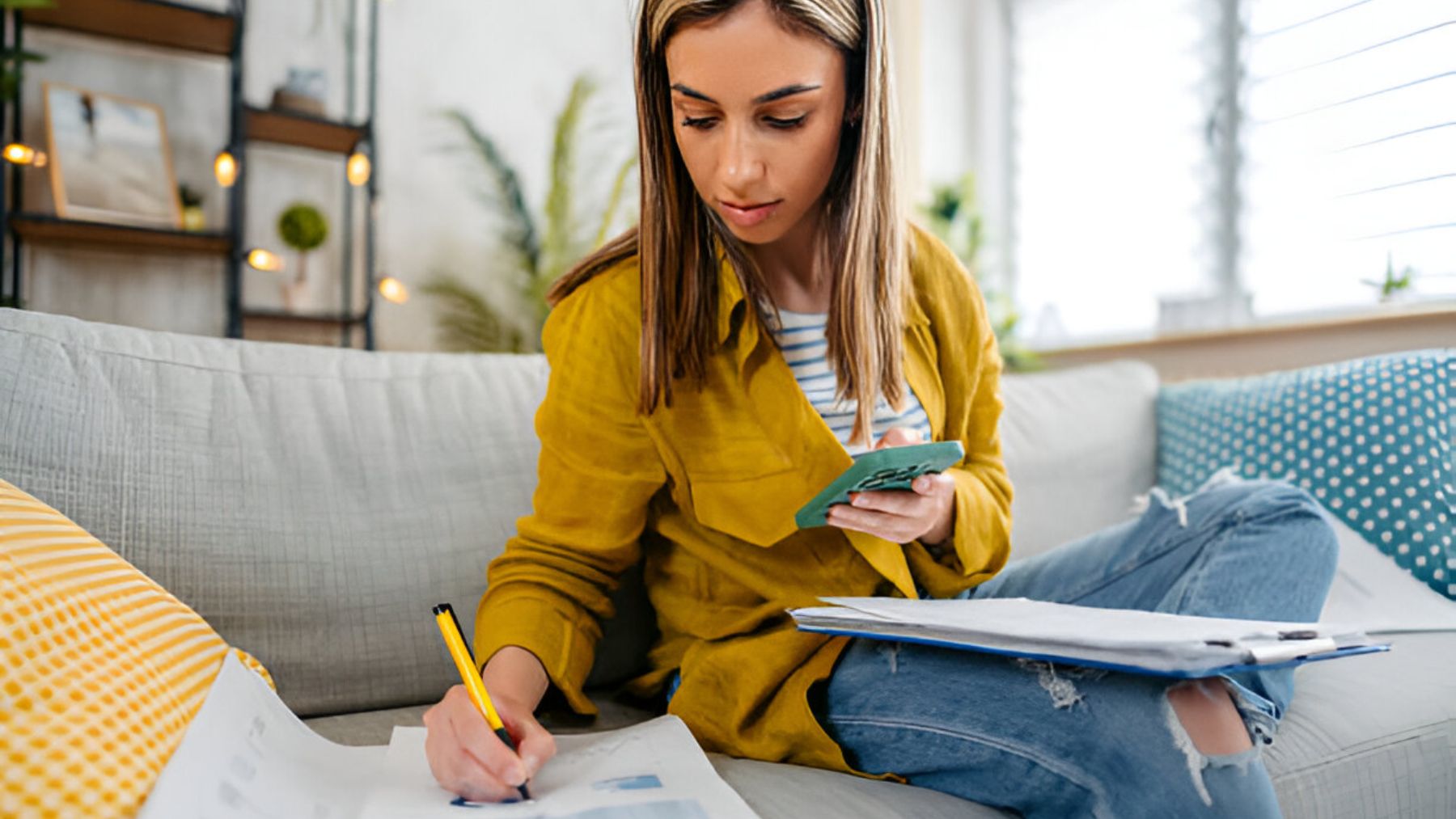 Mujer joven haciendo cálculos con la calculadora.