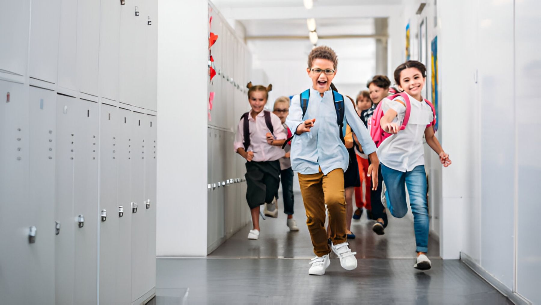 Niños corriendo por el pasillo de la escuela.