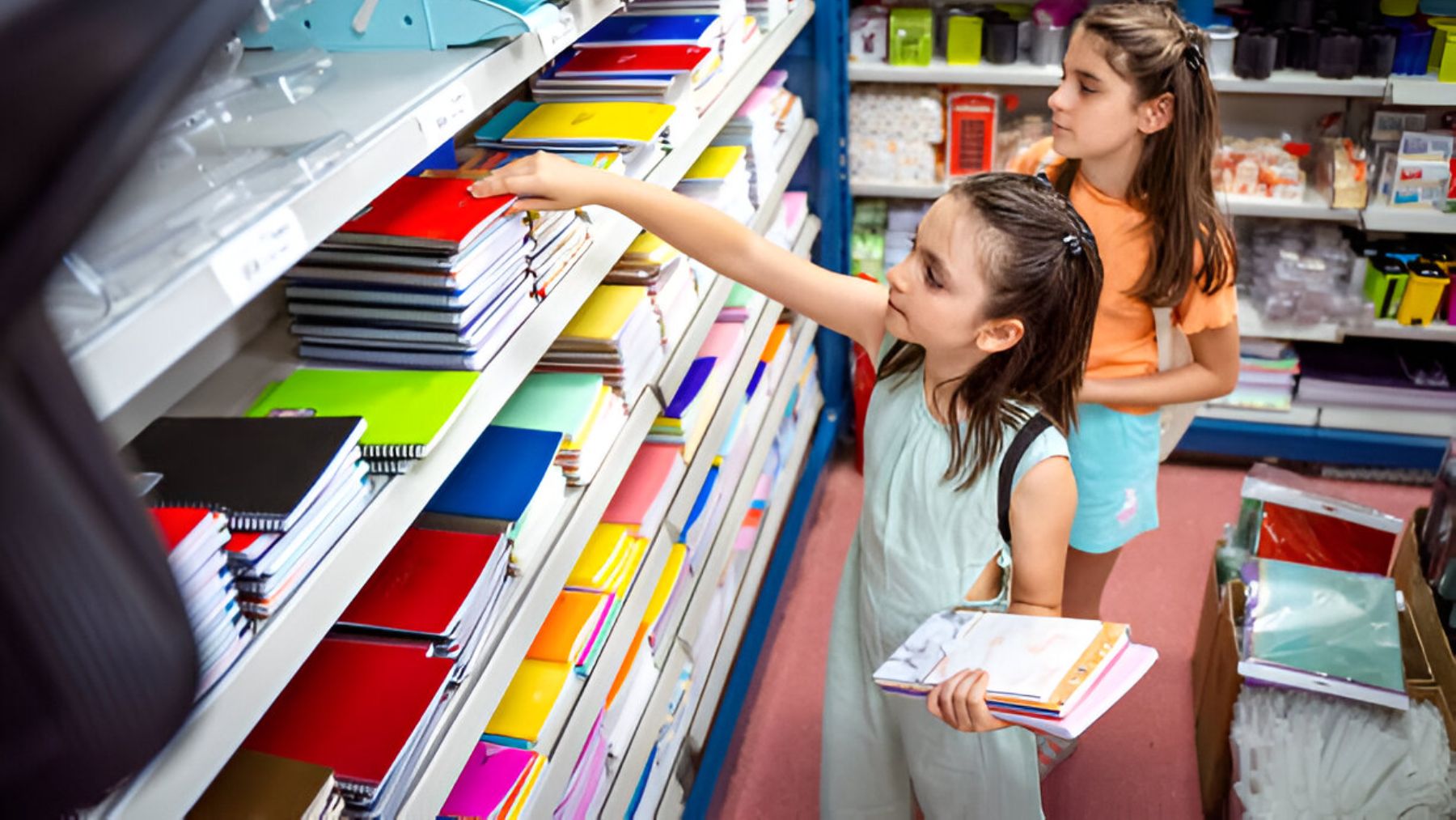 Dos niñas eligiendo material escolar.