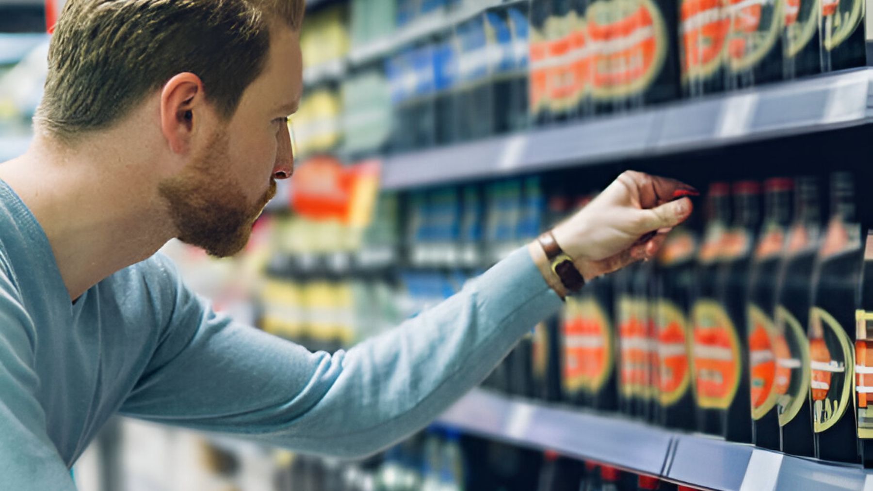 Joven cogiendo una cerveza en el supermercado.