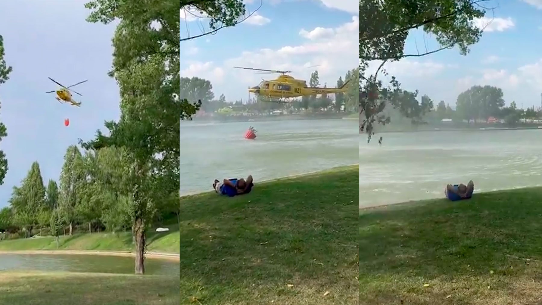 Un hombre tumbado en la orilla de un estanque cerca de la maniobra de recarga de agua durante el incendio de Tres Cantos (Foto y vídeos de Beatriz M. Blancas / @Beatrizxy)