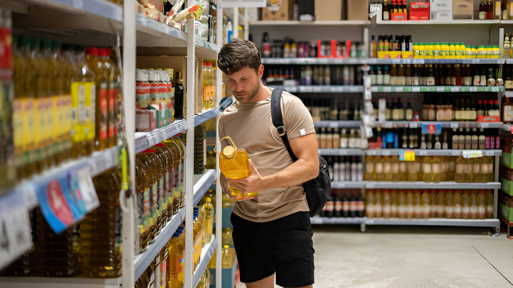 Joven mira garrafa de aceite en el supermercado.