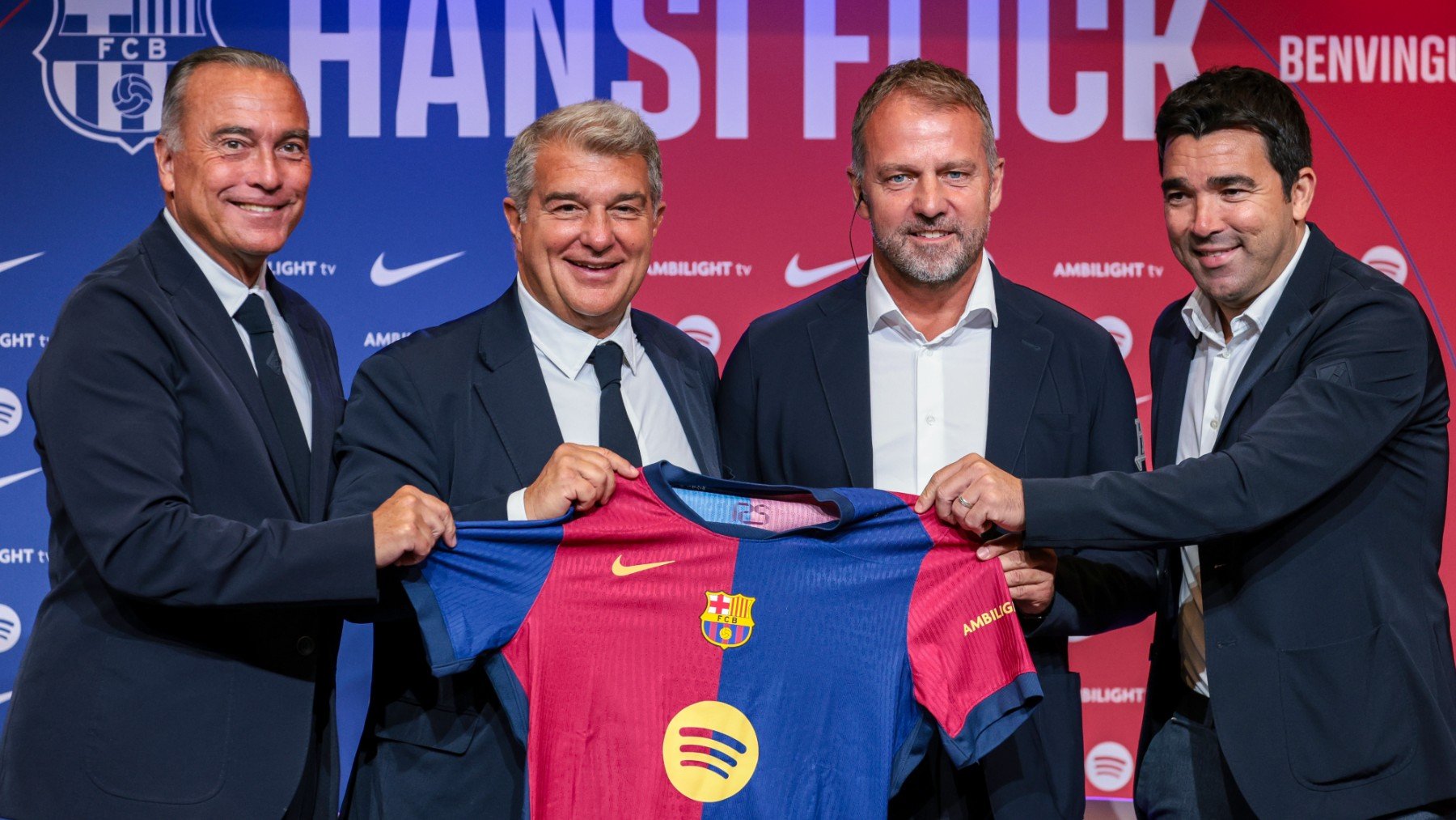 Rafa Yuste, Joan Laporta, Hansi Flick y Deco. (Getty)