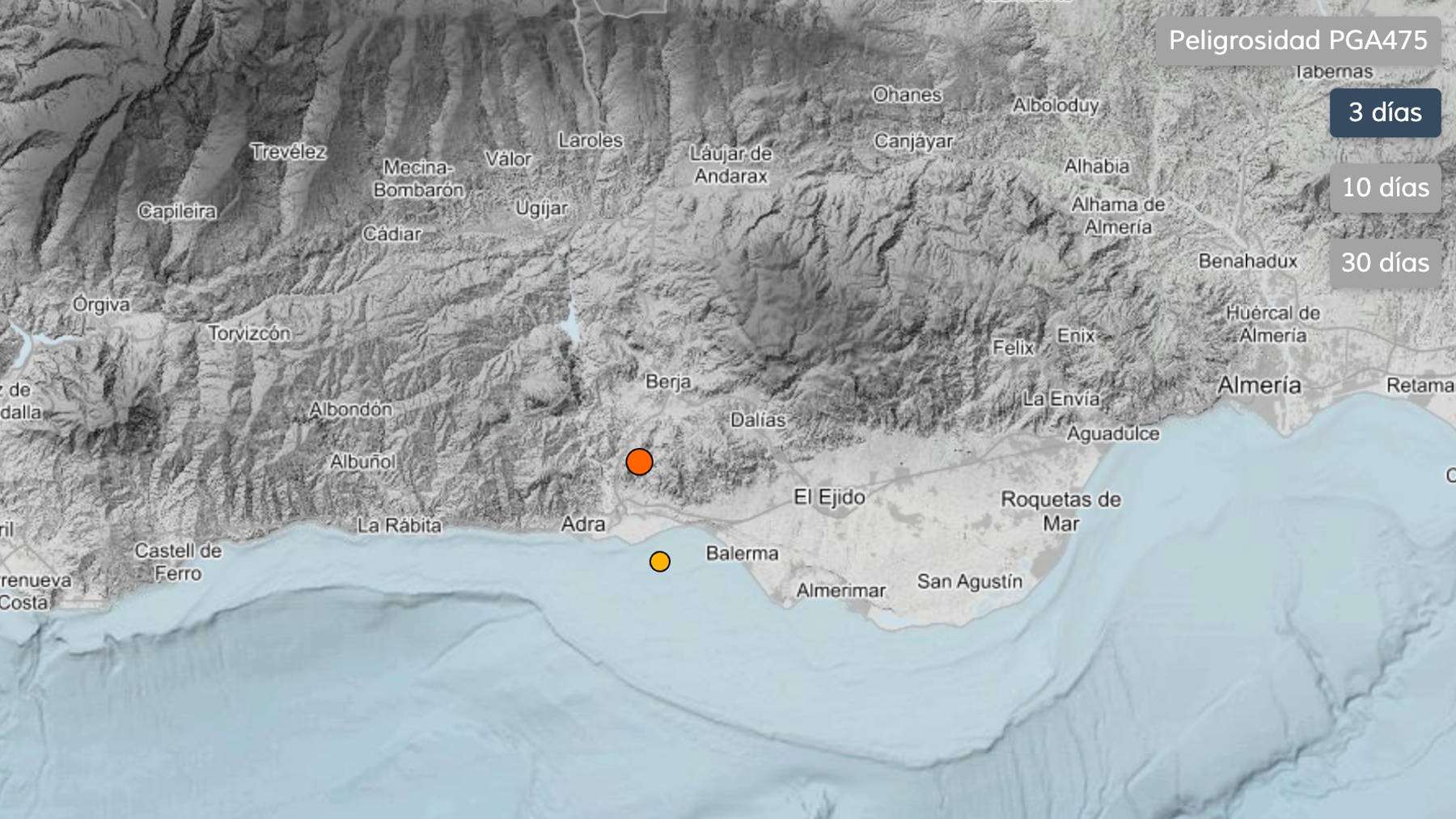 Terremoto de magnitud 3,4 con epicentro en Adra, Almería. (Foto: Instituto Geográfico Nacional)