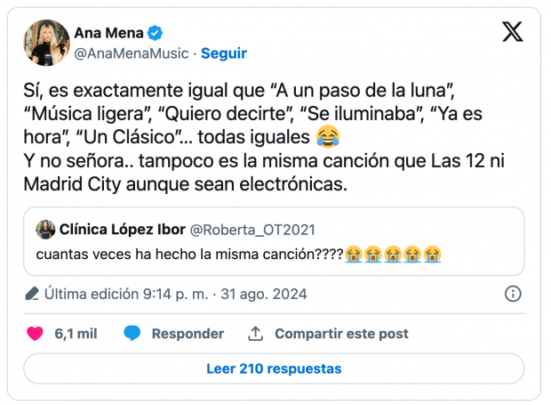 Ana Mena responde a una seguidora de X.