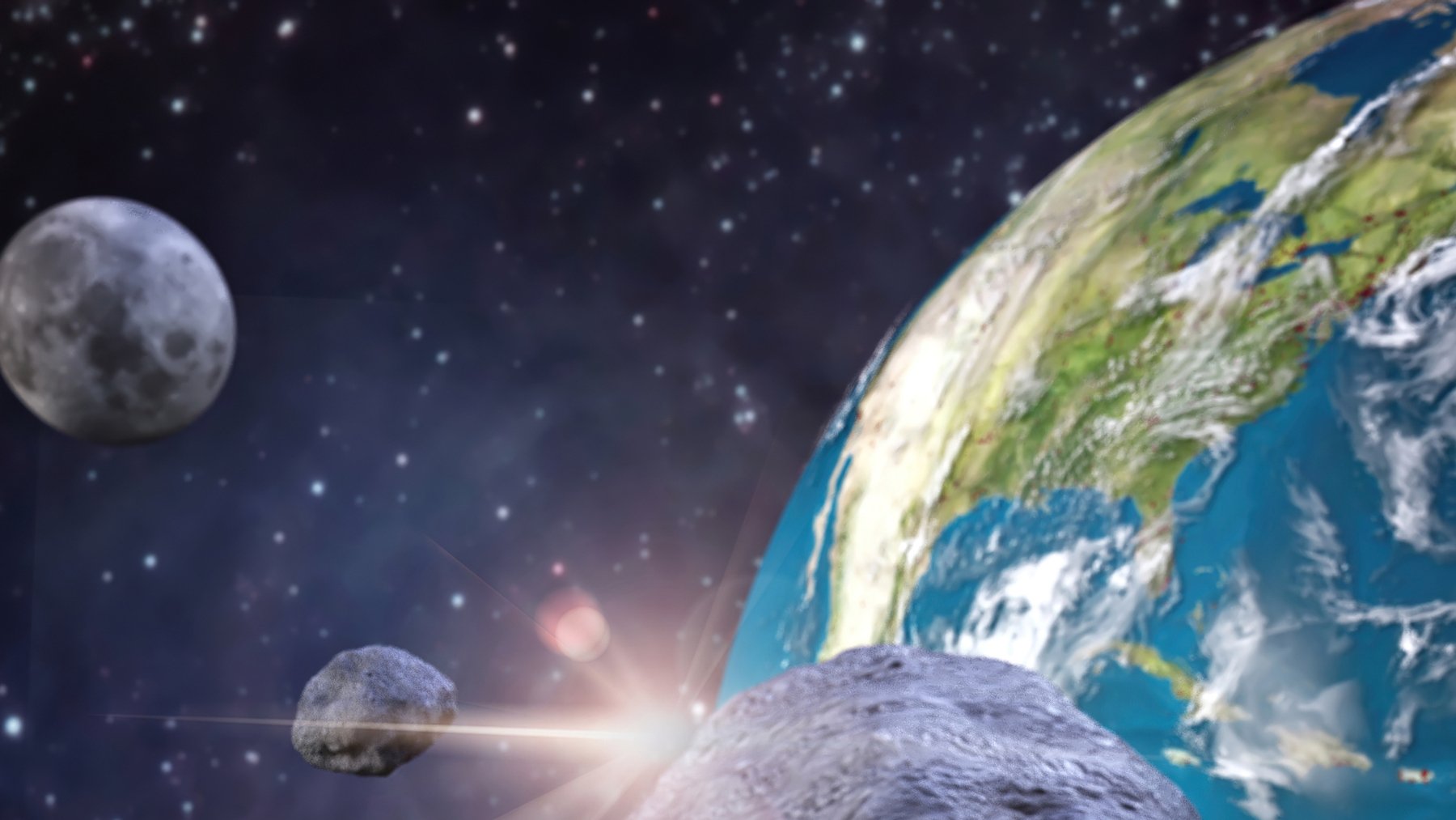 3D illustration of a large asteroid approaching Earth.